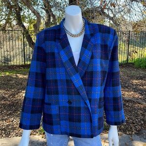 VINTAGE 80s Blue Plaid Boxy Blazer Shoulder Pads Retro Funky